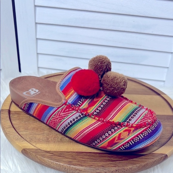 GB Gianni Bini l Aztec Multicolor Pom Pom Mule Sliders Slip On Colorful Sz. 9.5 - Picture 1 of 12